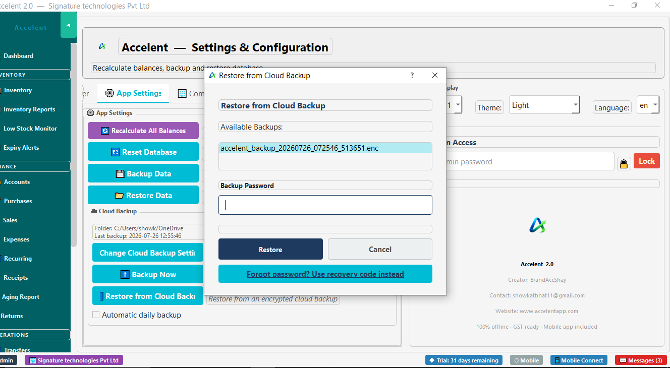 Restore from Cloud Backup dialog