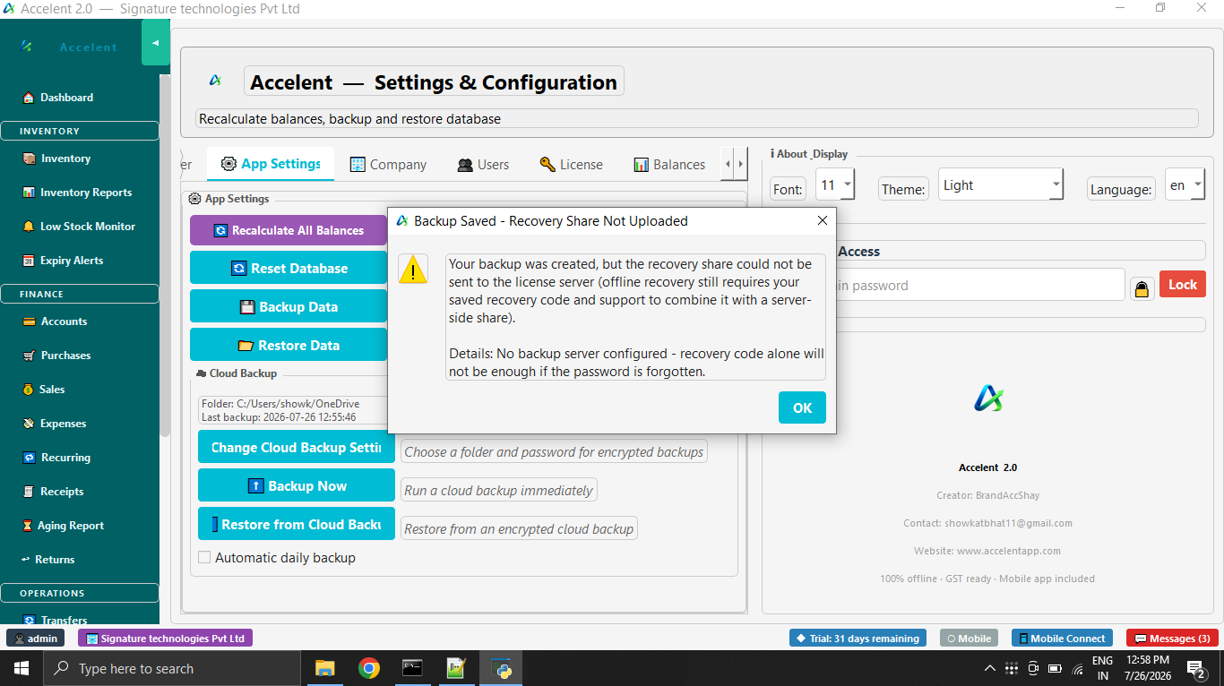 Accelent Cloud Backup settings panel