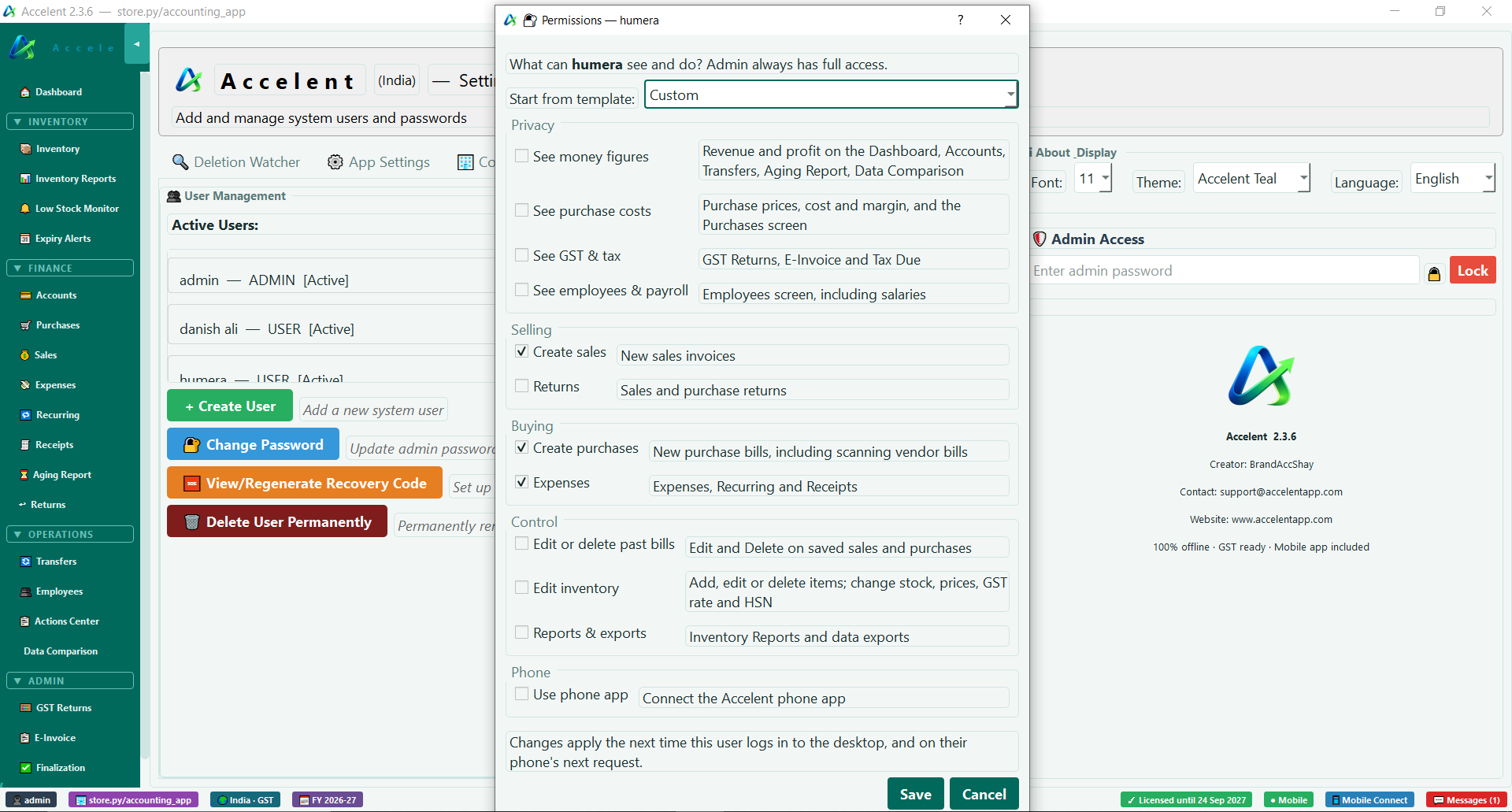 Staff permissions window with templates and checkboxes for what a user can see and do