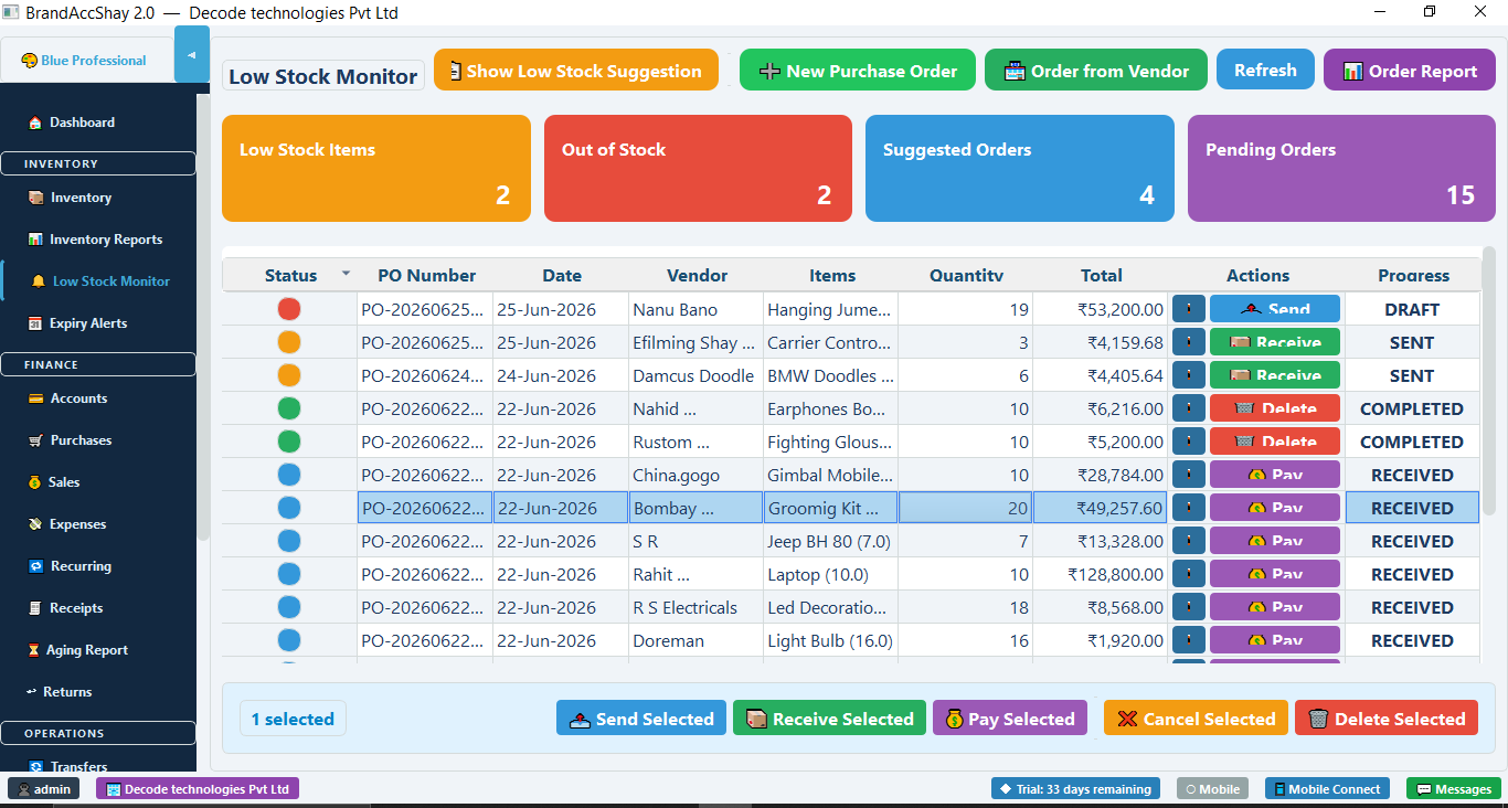 Purchase orders screen