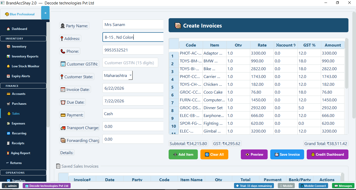 Sales invoicing screen